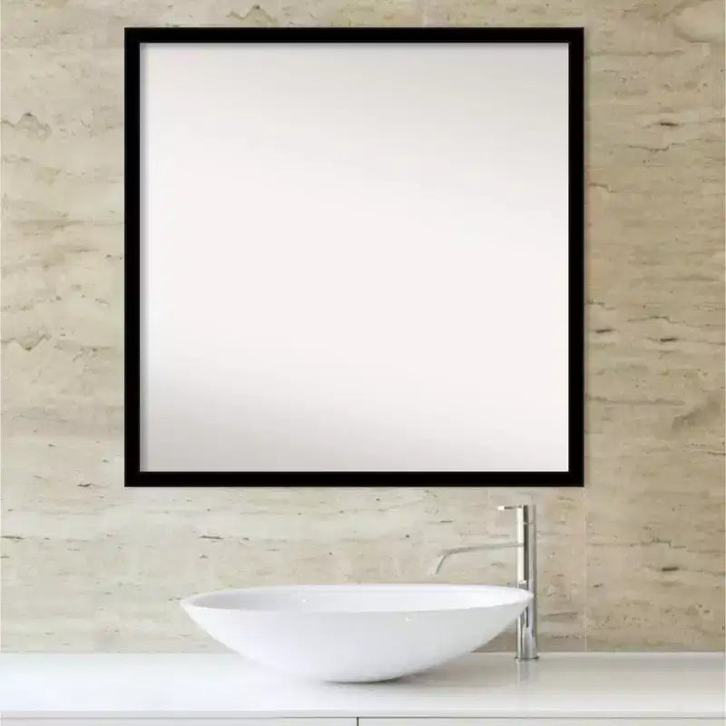 28" x 28" Non-Beveled Bathroom Wall Mirror Jet Black - Amanti Art: Modern Square Polystyrene Frame, Includes Mounting Hardware