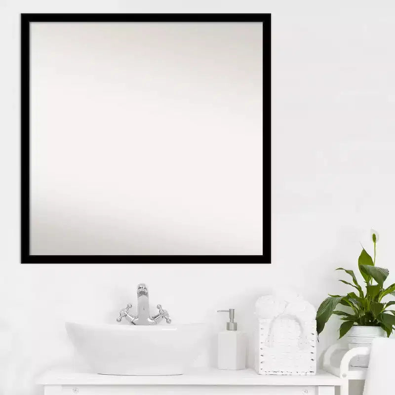 28" x 28" Non-Beveled Bathroom Wall Mirror Jet Black - Amanti Art: Modern Square Polystyrene Frame, Includes Mounting Hardware