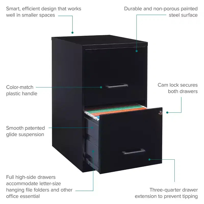 Space Solutions 18" Deep 2 Drawer Letter Width Vertical File Cabinet Black: Steel Office Filing, No Assembly Required