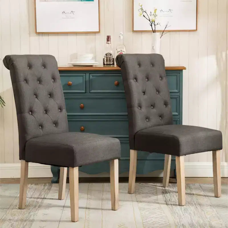 Roundhill Furniture Habit Solid Wood Tufted Parsons Dining Chair, Charcoal, Set of 2