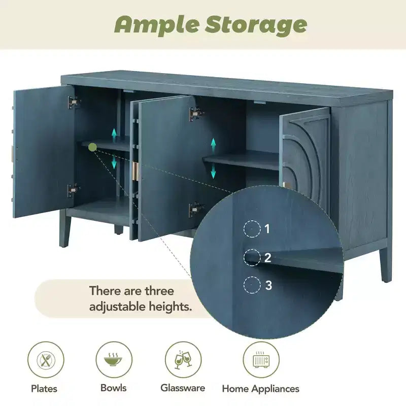Whisen Retro Sideboard with Circular Groove Design Round Metal Door Handle for Living Room, Entryway, Dining Room