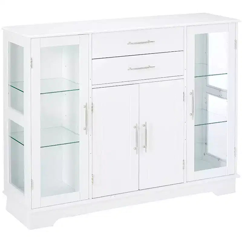 Kings Brand Furniture Santi 4-Door Kitchen Storage Buffet Display Cabinet with Glass Doors, White