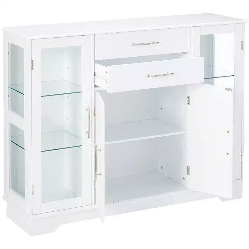 Kings Brand Furniture Santi 4-Door Kitchen Storage Buffet Display Cabinet with Glass Doors, White