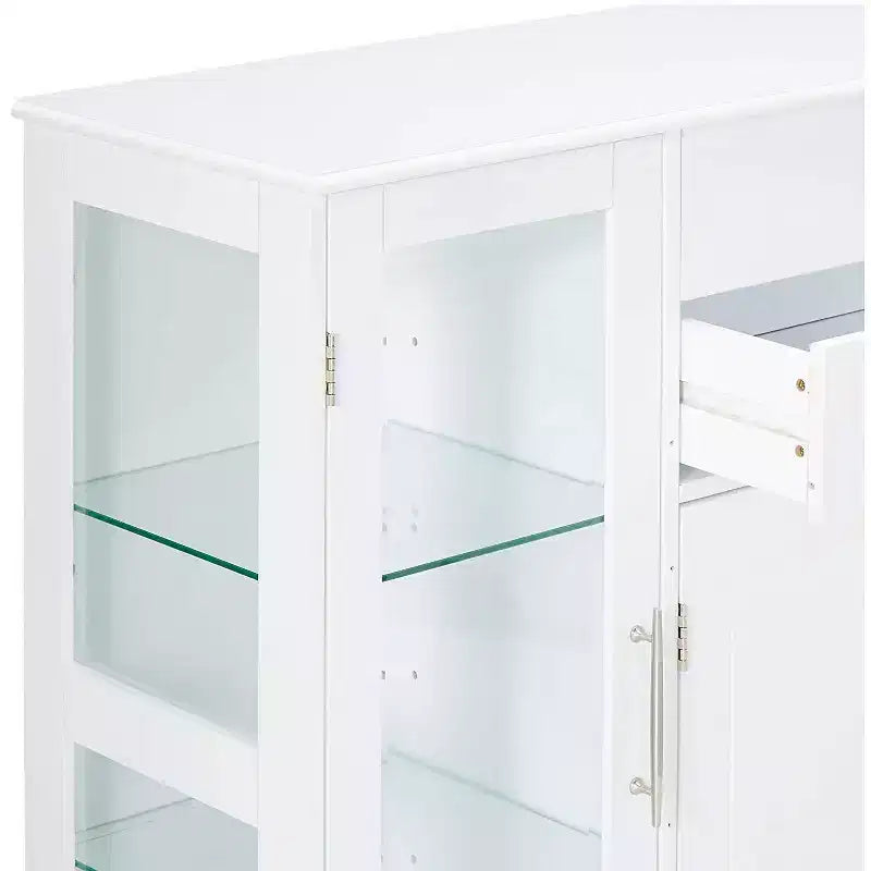 Kings Brand Furniture Santi 4-Door Kitchen Storage Buffet Display Cabinet with Glass Doors, White