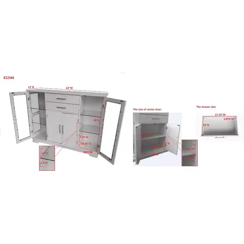 Kings Brand Furniture Santi 4-Door Kitchen Storage Buffet Display Cabinet with Glass Doors, White