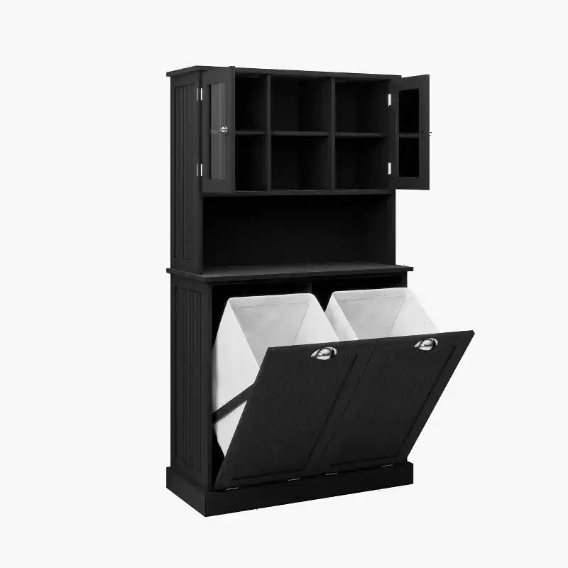 AndMakers 32.68 in. W. x 14.57 in. D x 59.69 in. H Black Freestanding Tilt-Out Linen Cabinet with Adjustable Shelves