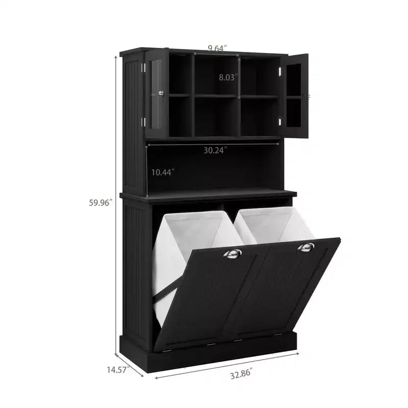 AndMakers 32.68 in. W. x 14.57 in. D x 59.69 in. H Black Freestanding Tilt-Out Linen Cabinet with Adjustable Shelves