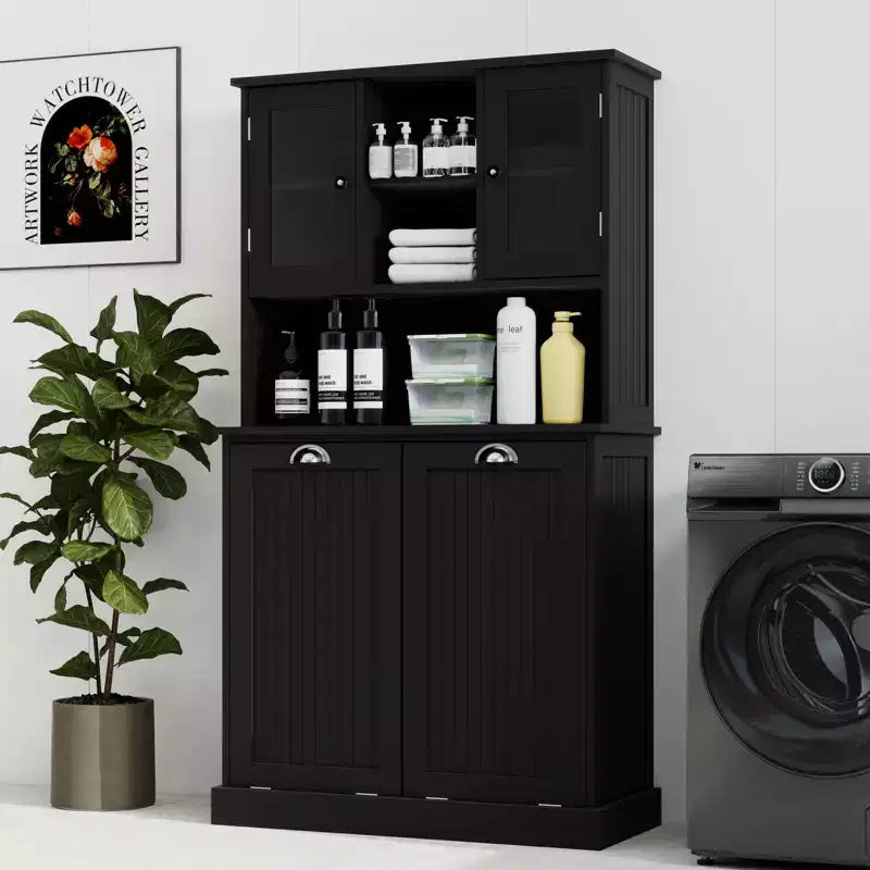 AndMakers 32.68 in. W. x 14.57 in. D x 59.69 in. H Black Freestanding Tilt-Out Linen Cabinet with Adjustable Shelves
