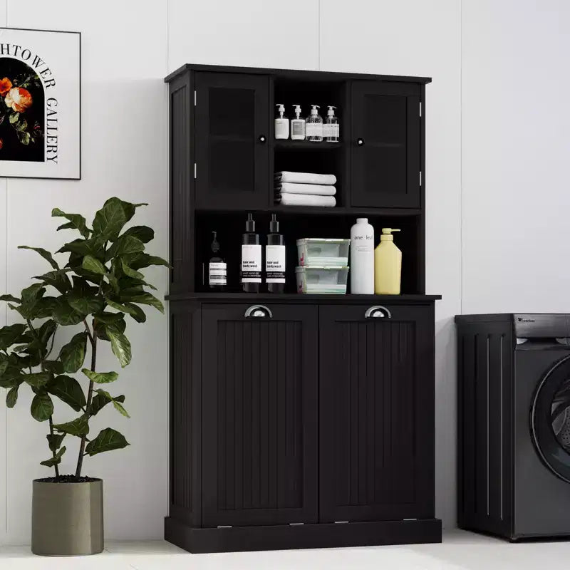 AndMakers 32.68 in. W. x 14.57 in. D x 59.69 in. H Black Freestanding Tilt-Out Linen Cabinet with Adjustable Shelves