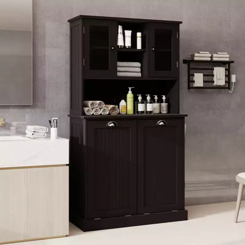 AndMakers 32.68 in. W. x 14.57 in. D x 59.69 in. H Black Freestanding Tilt-Out Linen Cabinet with Adjustable Shelves