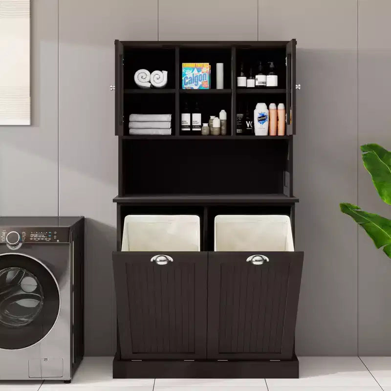 AndMakers 32.68 in. W. x 14.57 in. D x 59.69 in. H Black Freestanding Tilt-Out Linen Cabinet with Adjustable Shelves