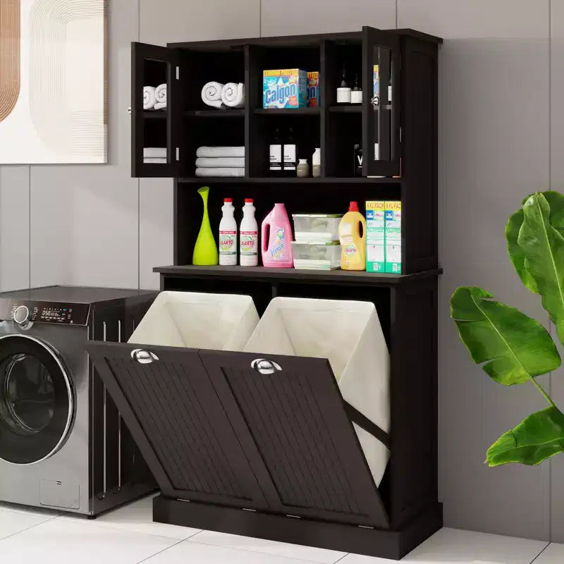 AndMakers 32.68 in. W. x 14.57 in. D x 59.69 in. H Black Freestanding Tilt-Out Linen Cabinet with Adjustable Shelves