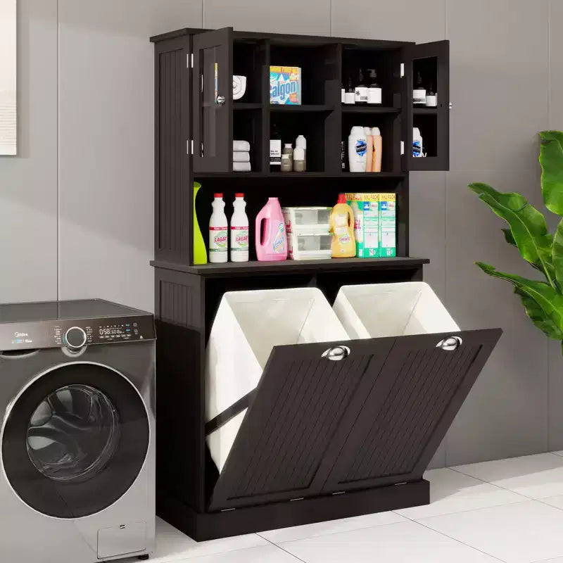 AndMakers 32.68 in. W. x 14.57 in. D x 59.69 in. H Black Freestanding Tilt-Out Linen Cabinet with Adjustable Shelves