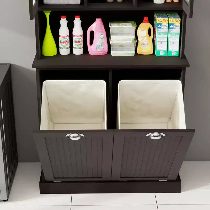 AndMakers 32.68 in. W. x 14.57 in. D x 59.69 in. H Black Freestanding Tilt-Out Linen Cabinet with Adjustable Shelves