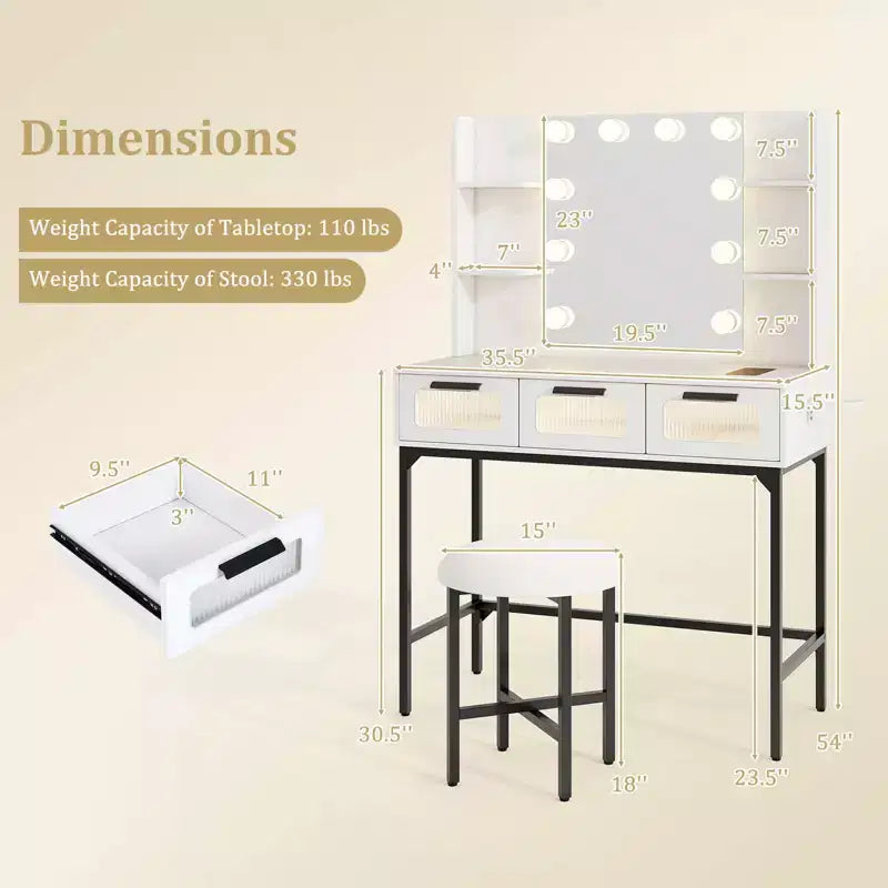 Costway Makeup Vanity Desk with Hollywood Mirror & Lights 3-Color Induction Lighting