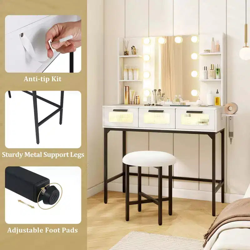 Costway Makeup Vanity Desk with Hollywood Mirror & Lights 3-Color Induction Lighting