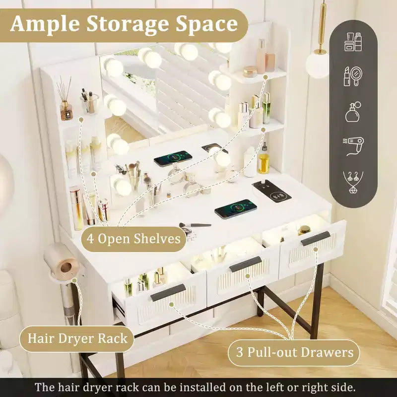 Costway Makeup Vanity Desk with Hollywood Mirror & Lights 3-Color Induction Lighting