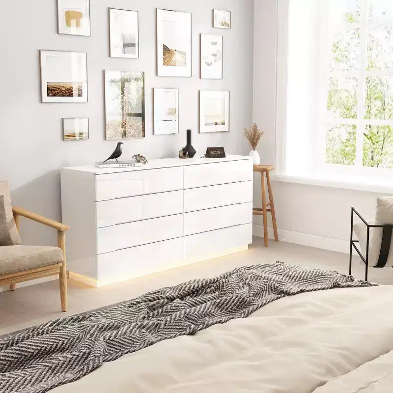 Hitow 8 Drawer Dresser with Underlight High Gloss Finish Modern Chest of Drawers