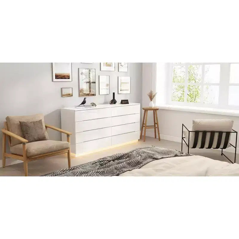 Hitow 8 Drawer Dresser with Underlight High Gloss Finish Modern Chest of Drawers