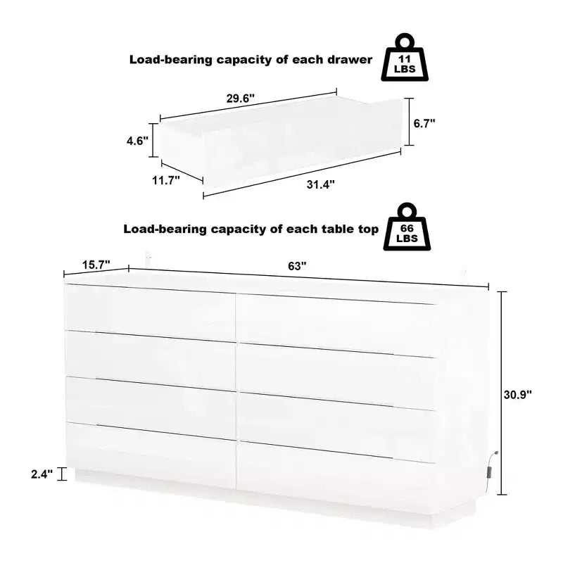 Hitow 8 Drawer Dresser with Underlight High Gloss Finish Modern Chest of Drawers