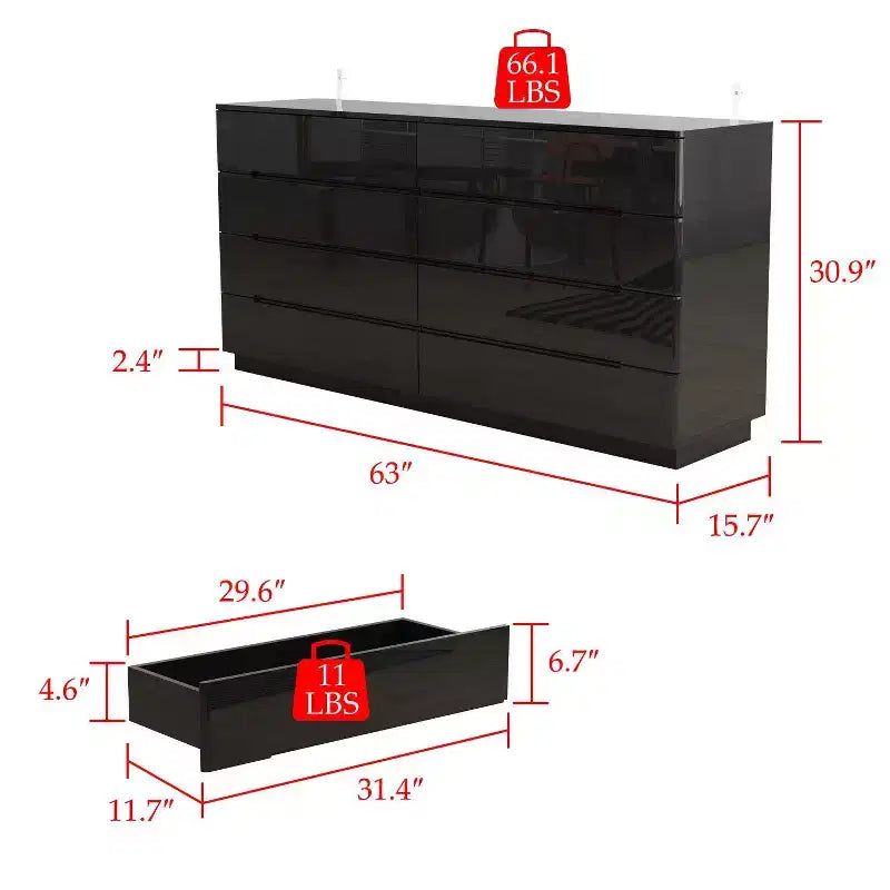 Hitow 8 Drawer Dresser with Underlight High Gloss Finish Modern Chest of Drawers