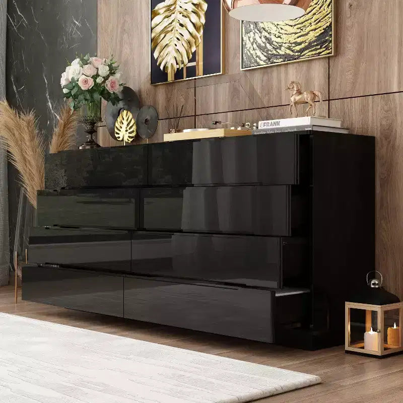 Hitow 8 Drawer Dresser with Underlight High Gloss Finish Modern Chest of Drawers
