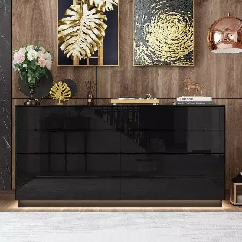 Hitow 8 Drawer Dresser with Underlight High Gloss Finish Modern Chest of Drawers