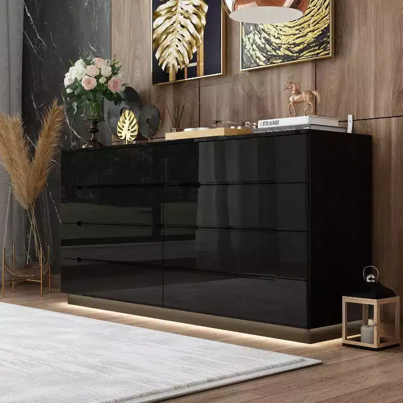 Hitow 8 Drawer Dresser with Underlight High Gloss Finish Modern Chest of Drawers