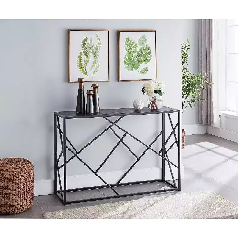 Kings Brand Furniture  Macon Modern Console Sofa Table, Black Metal Frame & Gray Wood - Perfect for Entryways and Living Rooms