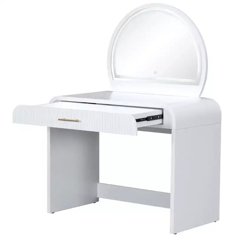 40W Dressing Table Vanity Table Makeup Table with Touch Screen Lighted Mirror and Large Drawe, White-ModernLuxe