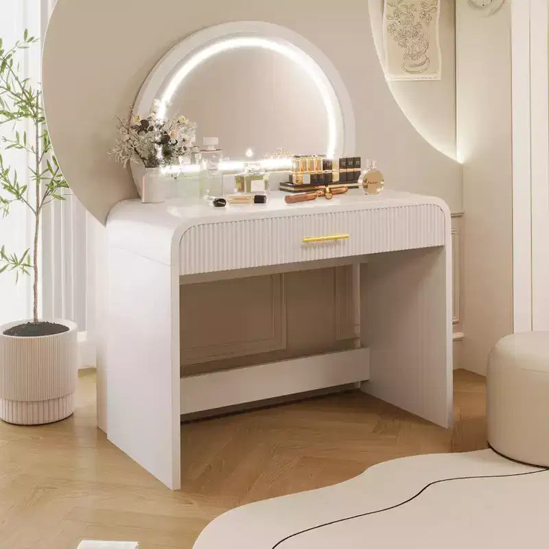 40W Dressing Table Vanity Table Makeup Table with Touch Screen Lighted Mirror and Large Drawe, White-ModernLuxe