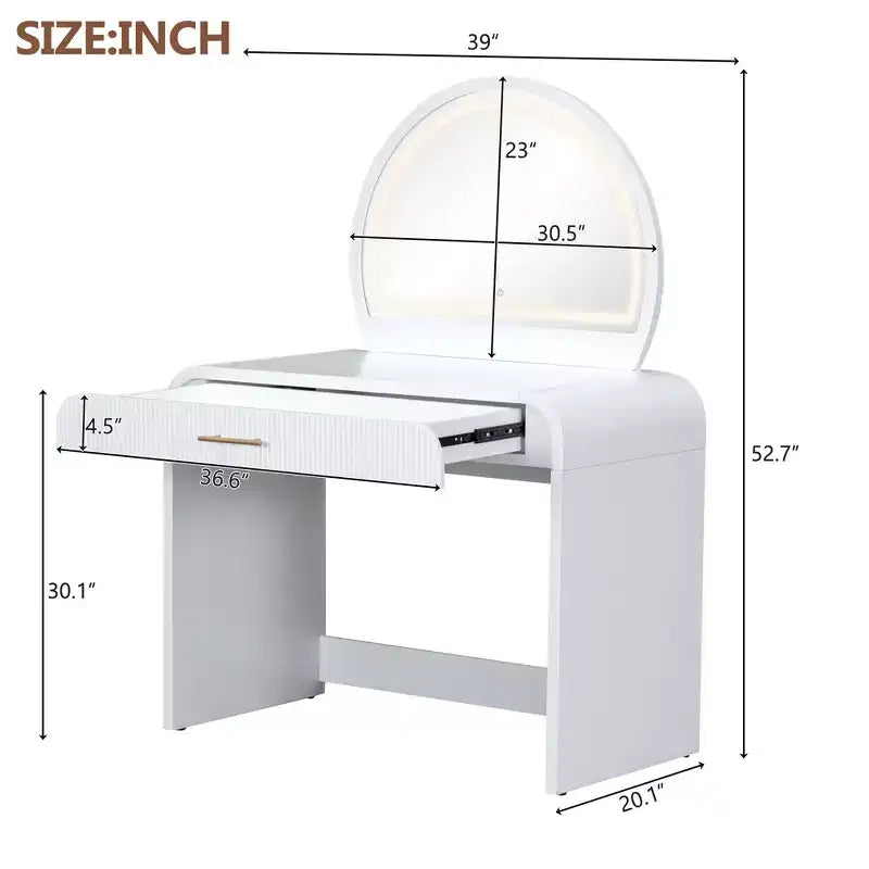 40W Dressing Table Vanity Table Makeup Table with Touch Screen Lighted Mirror and Large Drawe, White-ModernLuxe