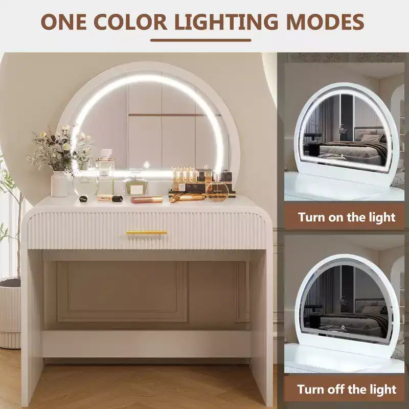40W Dressing Table Vanity Table Makeup Table with Touch Screen Lighted Mirror and Large Drawe, White-ModernLuxe