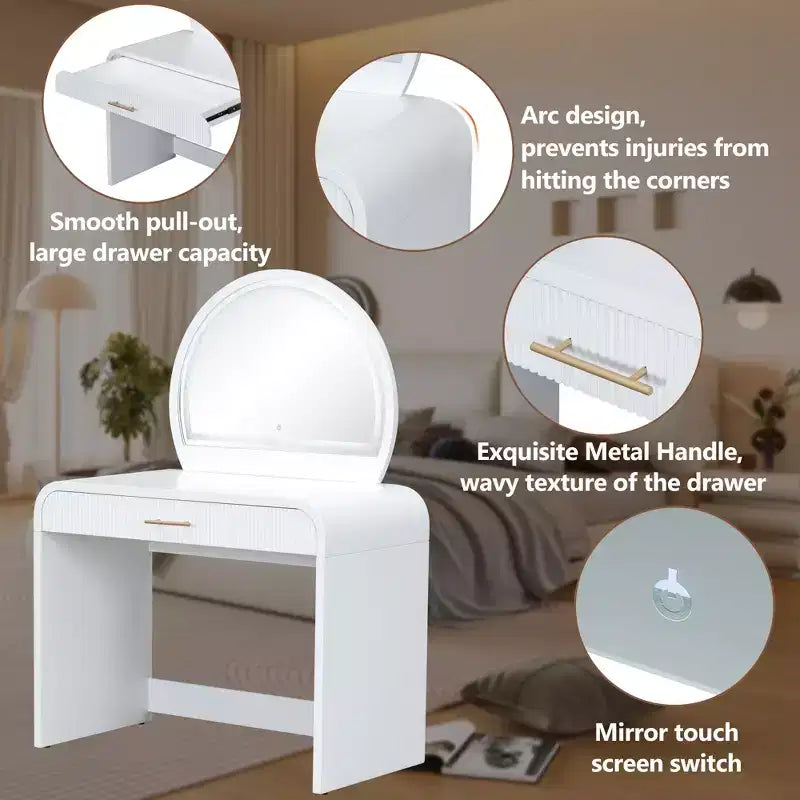 40W Dressing Table Vanity Table Makeup Table with Touch Screen Lighted Mirror and Large Drawe, White-ModernLuxe