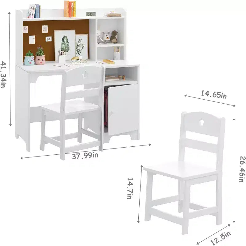 Garvee Kids Desk and Chair Set, Wooden Study Desk with Hutch, Storage Cabinet, Writing Desk-Computer Workstation for Kids Bedroom & Study Room,White
