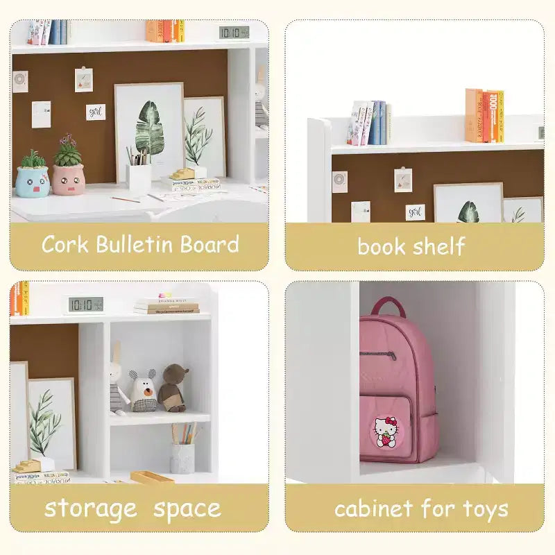 Garvee Kids Desk and Chair Set, Wooden Study Desk with Hutch, Storage Cabinet, Writing Desk-Computer Workstation for Kids Bedroom & Study Room,White