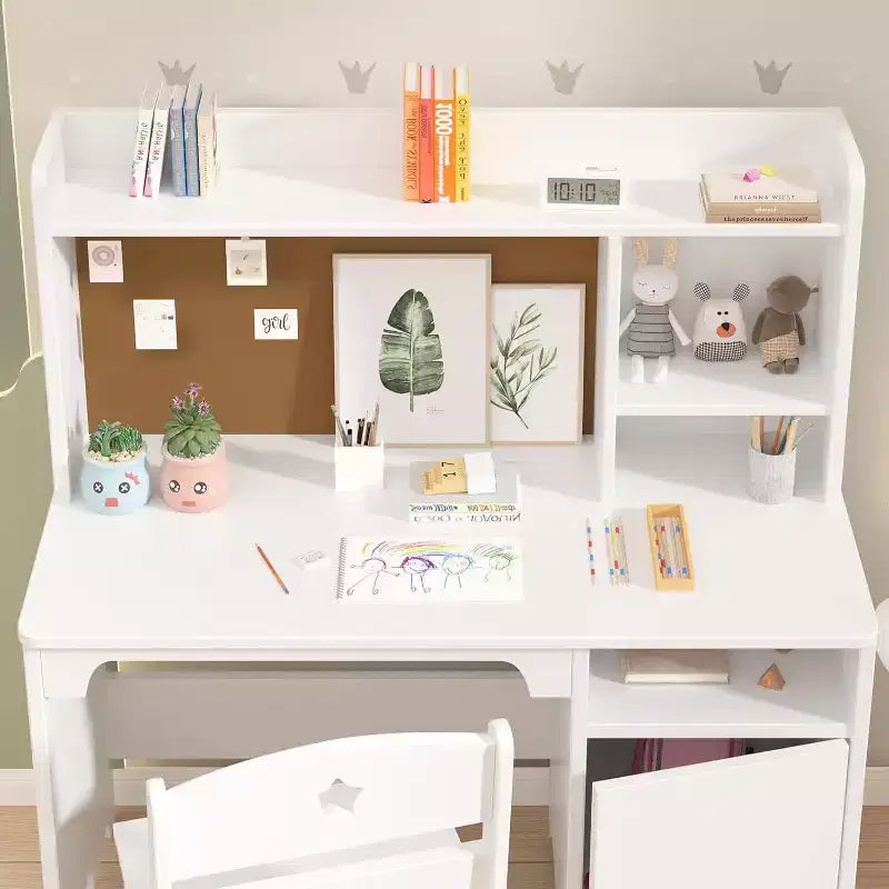 Garvee Kids Desk and Chair Set, Wooden Study Desk with Hutch, Storage Cabinet, Writing Desk-Computer Workstation for Kids Bedroom & Study Room,White
