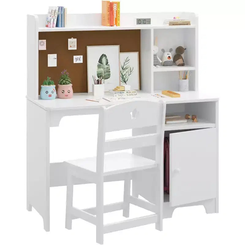 Garvee Kids Desk and Chair Set, Wooden Study Desk with Hutch, Storage Cabinet, Writing Desk-Computer Workstation for Kids Bedroom & Study Room,White