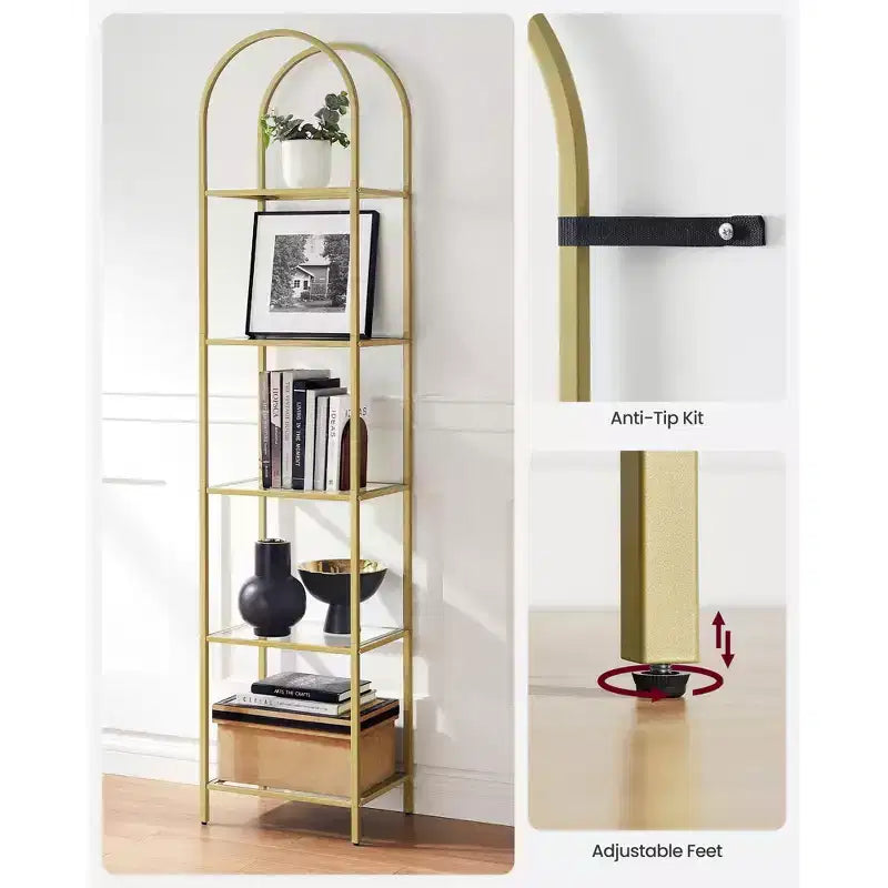 VASAGLE 5-Tier Shelf, Tempered Glass Shelving Unit, Arched Design