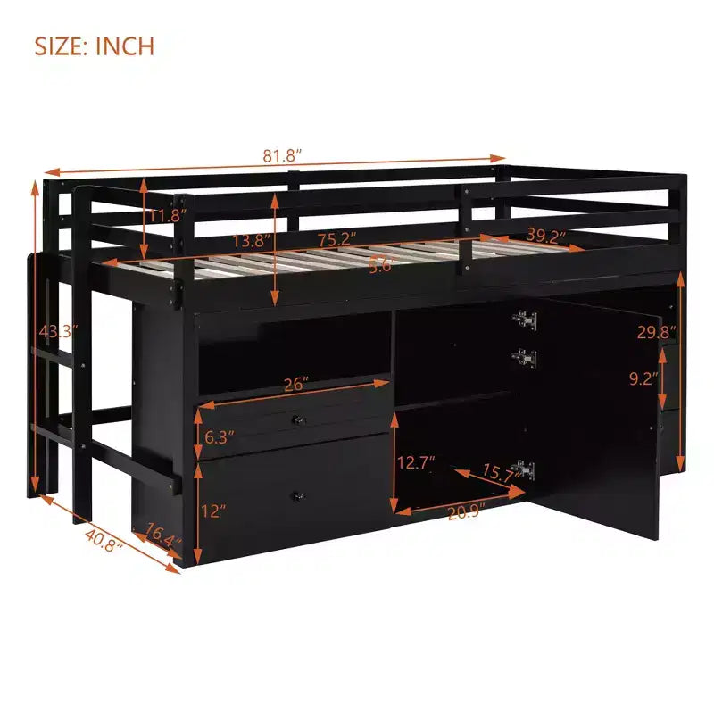 Whisen 81.8L x 40.8W Modern Design Twin Size Loft Bed with 4 Drawers, Underneath Cabinet and Shelves