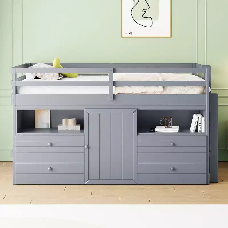 Whisen 81.8L x 40.8W Modern Design Twin Size Loft Bed with 4 Drawers, Underneath Cabinet and Shelves