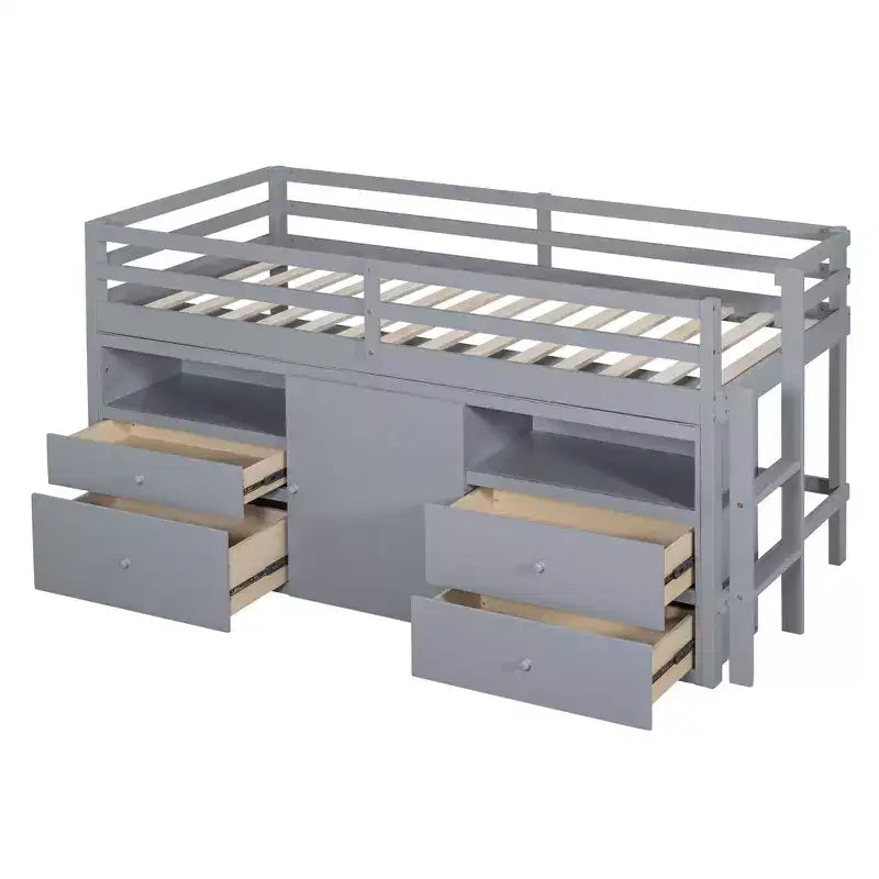 Whisen 81.8L x 40.8W Modern Design Twin Size Loft Bed with 4 Drawers, Underneath Cabinet and Shelves