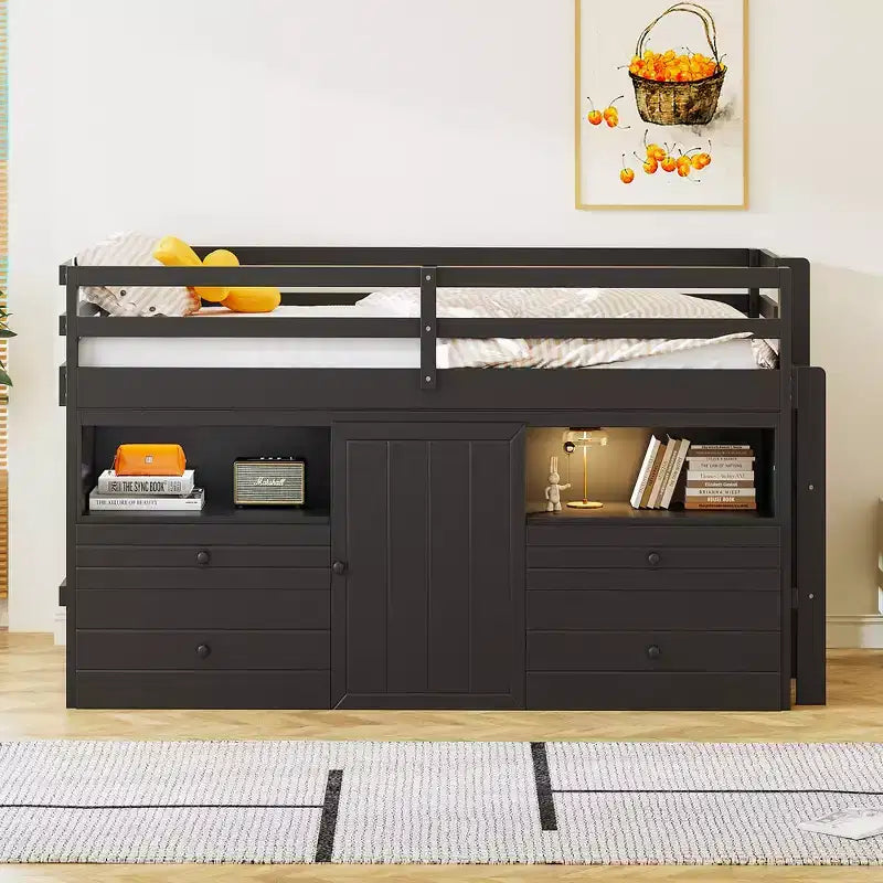 Whisen 81.8L x 40.8W Modern Design Twin Size Loft Bed with 4 Drawers, Underneath Cabinet and Shelves