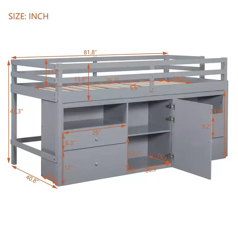 Whisen 81.8L x 40.8W Modern Design Twin Size Loft Bed with 4 Drawers, Underneath Cabinet and Shelves