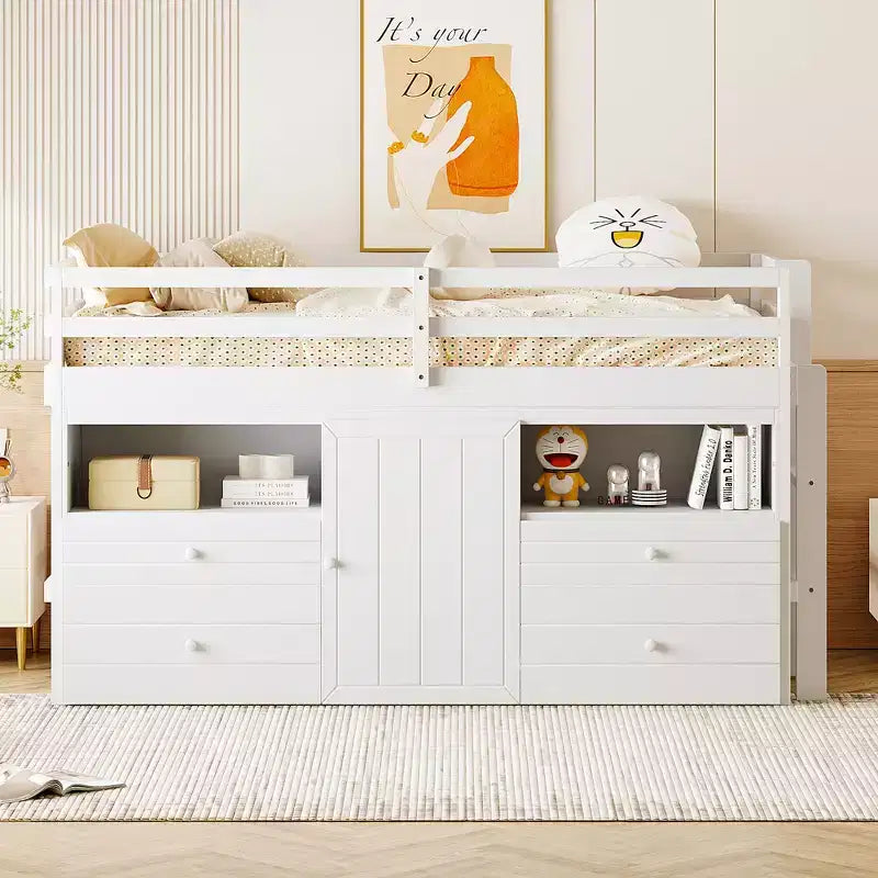 Whisen 81.8L x 40.8W Modern Design Twin Size Loft Bed with 4 Drawers, Underneath Cabinet and Shelves