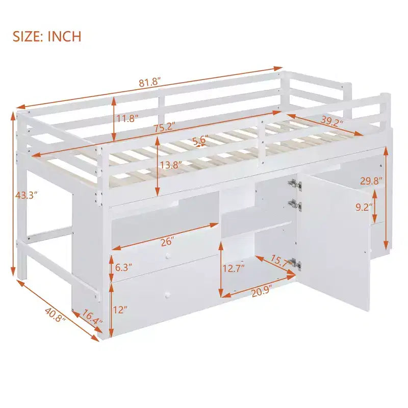 Whisen 81.8L x 40.8W Modern Design Twin Size Loft Bed with 4 Drawers, Underneath Cabinet and Shelves