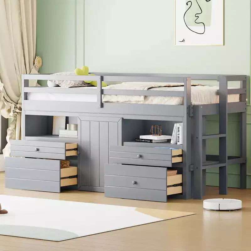 Whisen 81.8L x 40.8W Modern Design Twin Size Loft Bed with 4 Drawers, Underneath Cabinet and Shelves