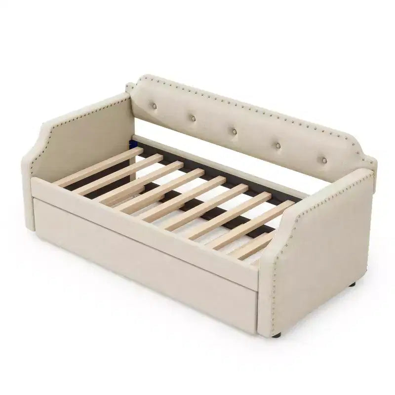 Whisen Twin Size Upholstered Daybed with Trundle, Wood Slat Support, Upholstered Frame Sofa Bed