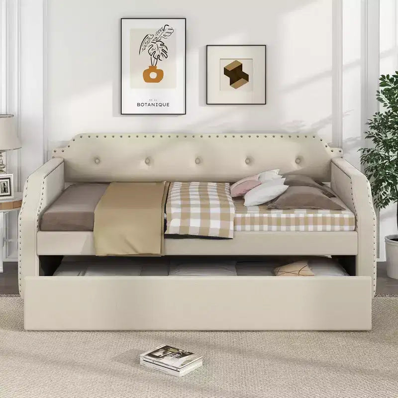Whisen Twin Size Upholstered Daybed with Trundle, Wood Slat Support, Upholstered Frame Sofa Bed