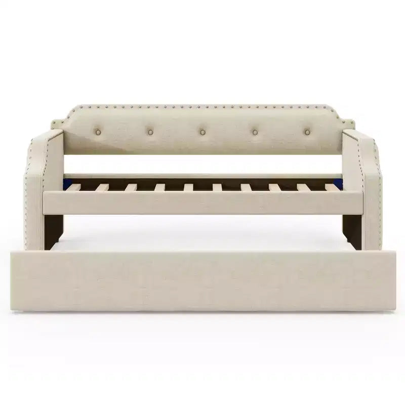 Whisen Twin Size Upholstered Daybed with Trundle, Wood Slat Support, Upholstered Frame Sofa Bed